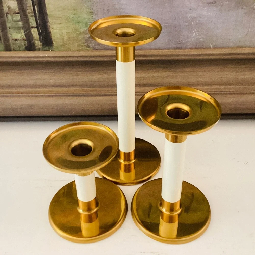 set of 3 IKEA Glittrig candlesticks gold and ivory Discontinued Tapered Pillar